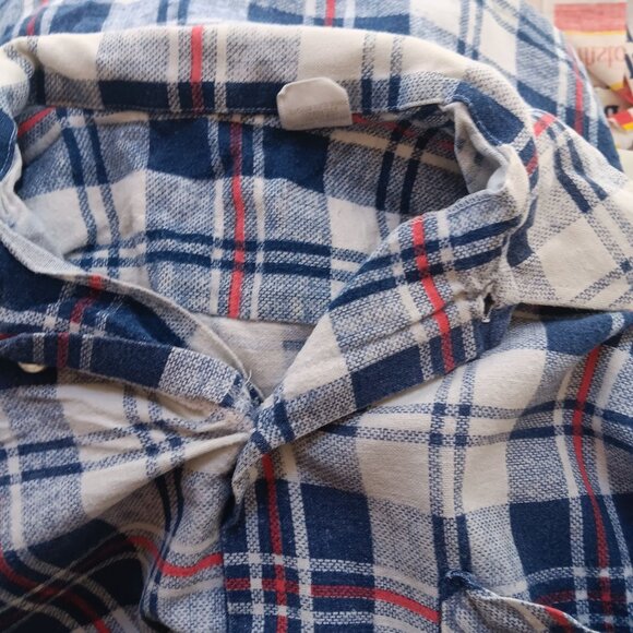 XS Vintage 70's Blue Top Plaid Buttery Flannel Button-Up Shirt Distress Repairs - Picture 7 of 9